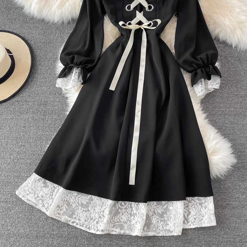Black A Line Lace Short Dress Lace-Up Fashion Dress  10863
