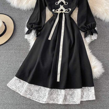 Black A Line Lace Short Dress Lace-Up Fashion Dress  10863