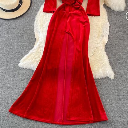 Stylish V Neck Velvet Long Dress Fahsion Dress  10938