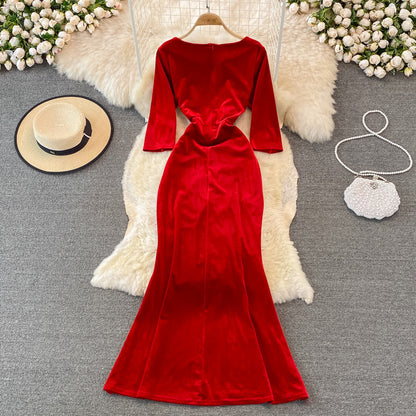 Stylish V Neck Velvet Long Dress Fahsion Dress  10938
