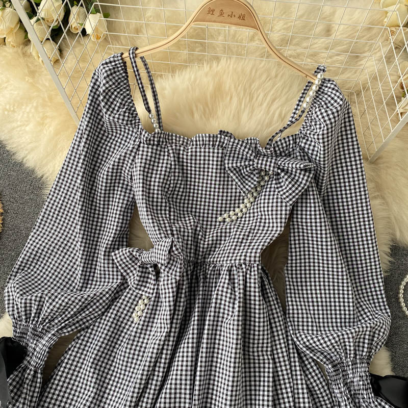 Cute Plaid Long Sleeve Dress Fashion Dress  10907