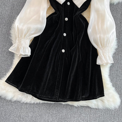 Cute V-Neck Bow Long Sleeve Dress Black Fashion Dress  10883