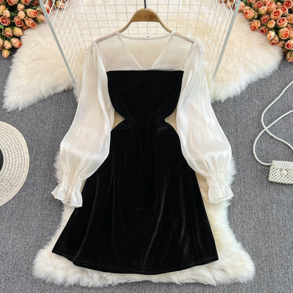 Cute V-Neck Bow Long Sleeve Dress Black Fashion Dress  10883