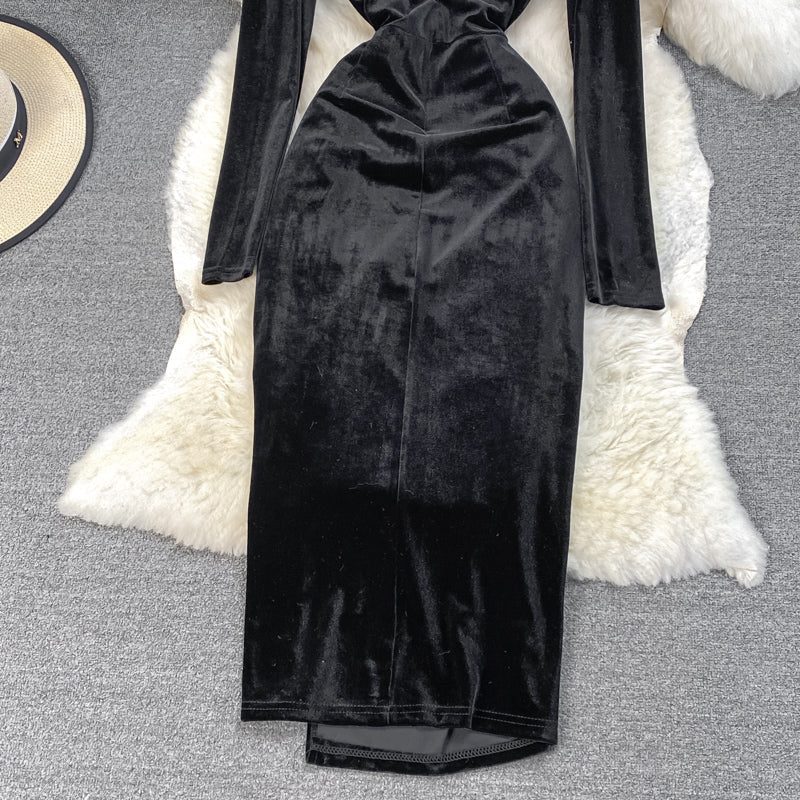 Black Velvet Long Sleeve Dress Fashion Dress  10929