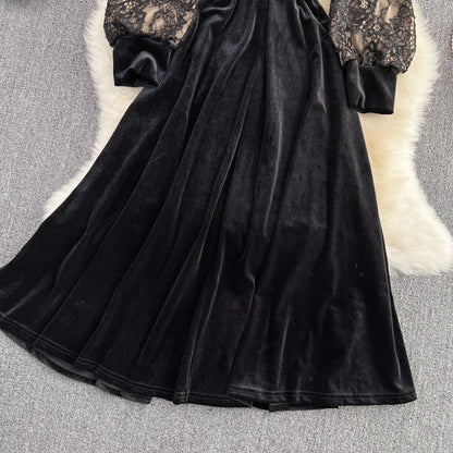 Black V Neck Lace A Line Dress Fashion Dress  10888