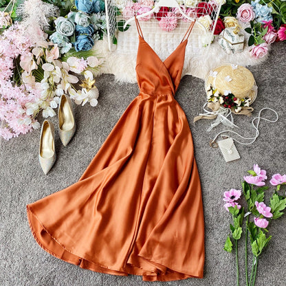 Elegant V Neck Satin A Line Dress Fashion Dress  10857