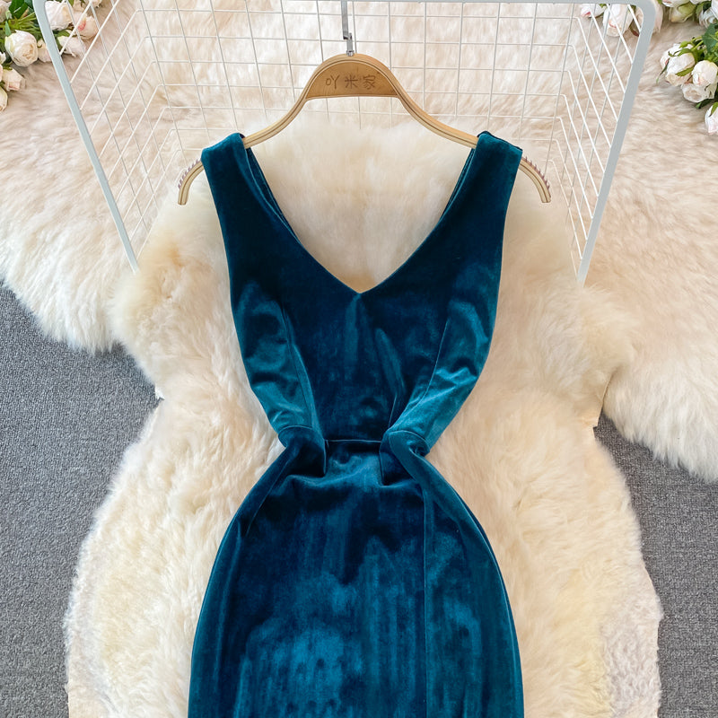 Sexy V Neck Velvet Long Dress Fashion Dress  10782