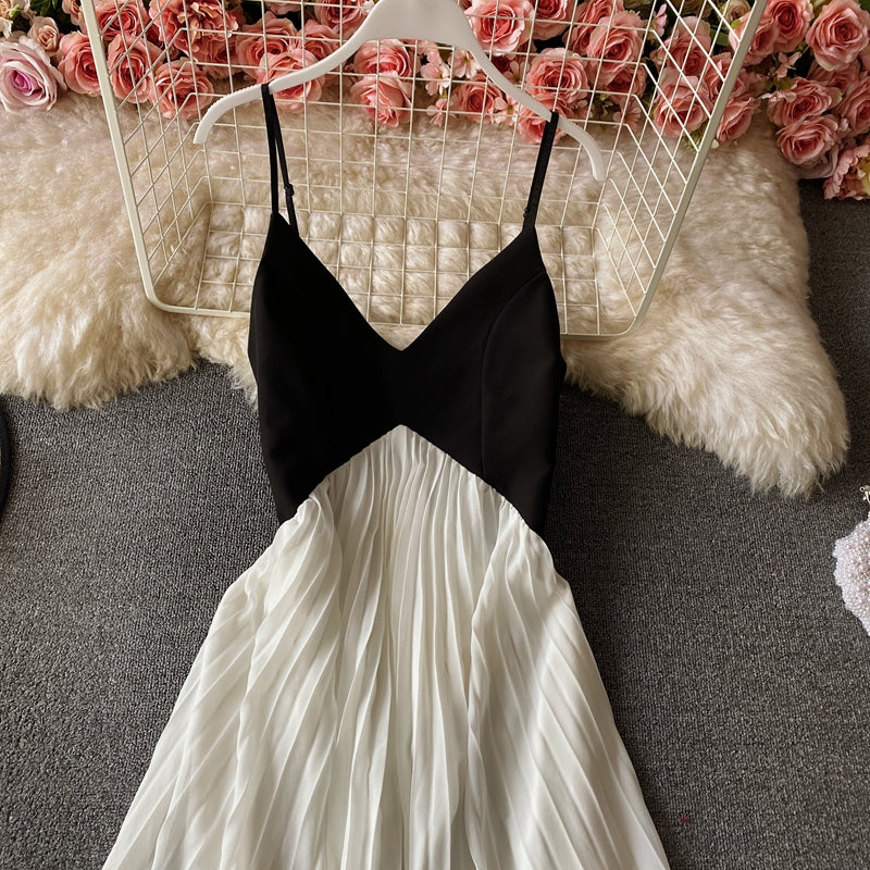 Cute V Neck A Line Dress Black And White Fashion Dress  10810