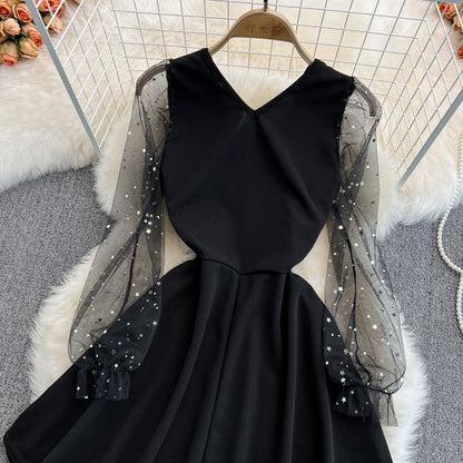 Black V Neck Short Dress A Line Fashion Dress  10832