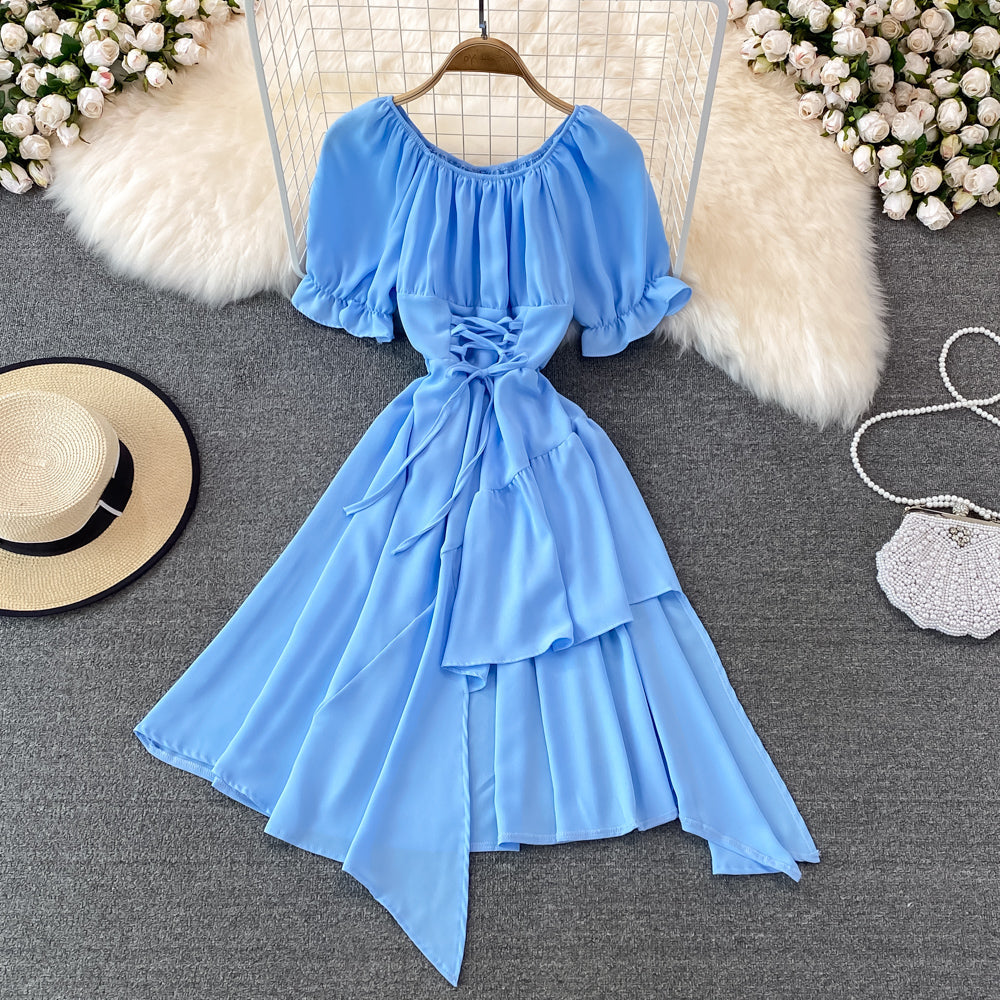 Simple Lace-Up Dress With Irregular Dress  10738
