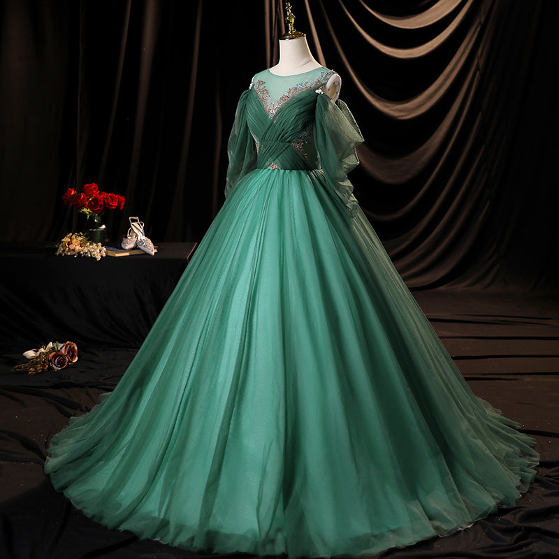 Green tulle long A line prom dress green evening dress  10635