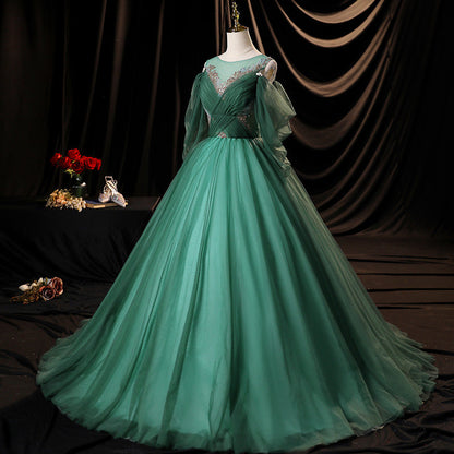 Green tulle long A line prom dress green evening dress  10635