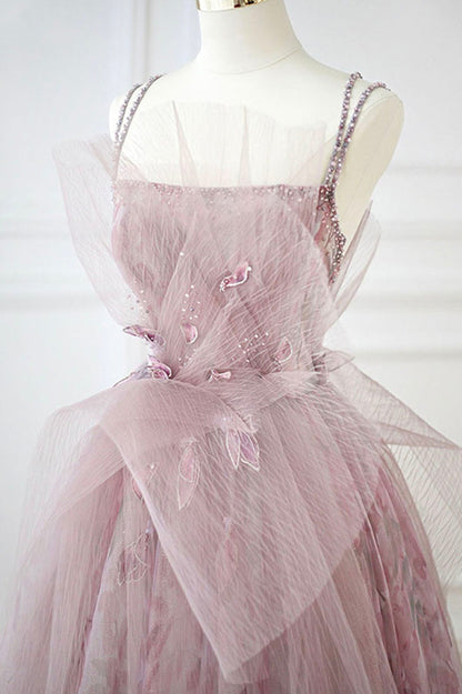 Pink tulle beads long prom dress A line evening dress  10643