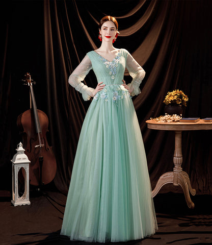 Green tulle lace long prom dress green evening dress  10535