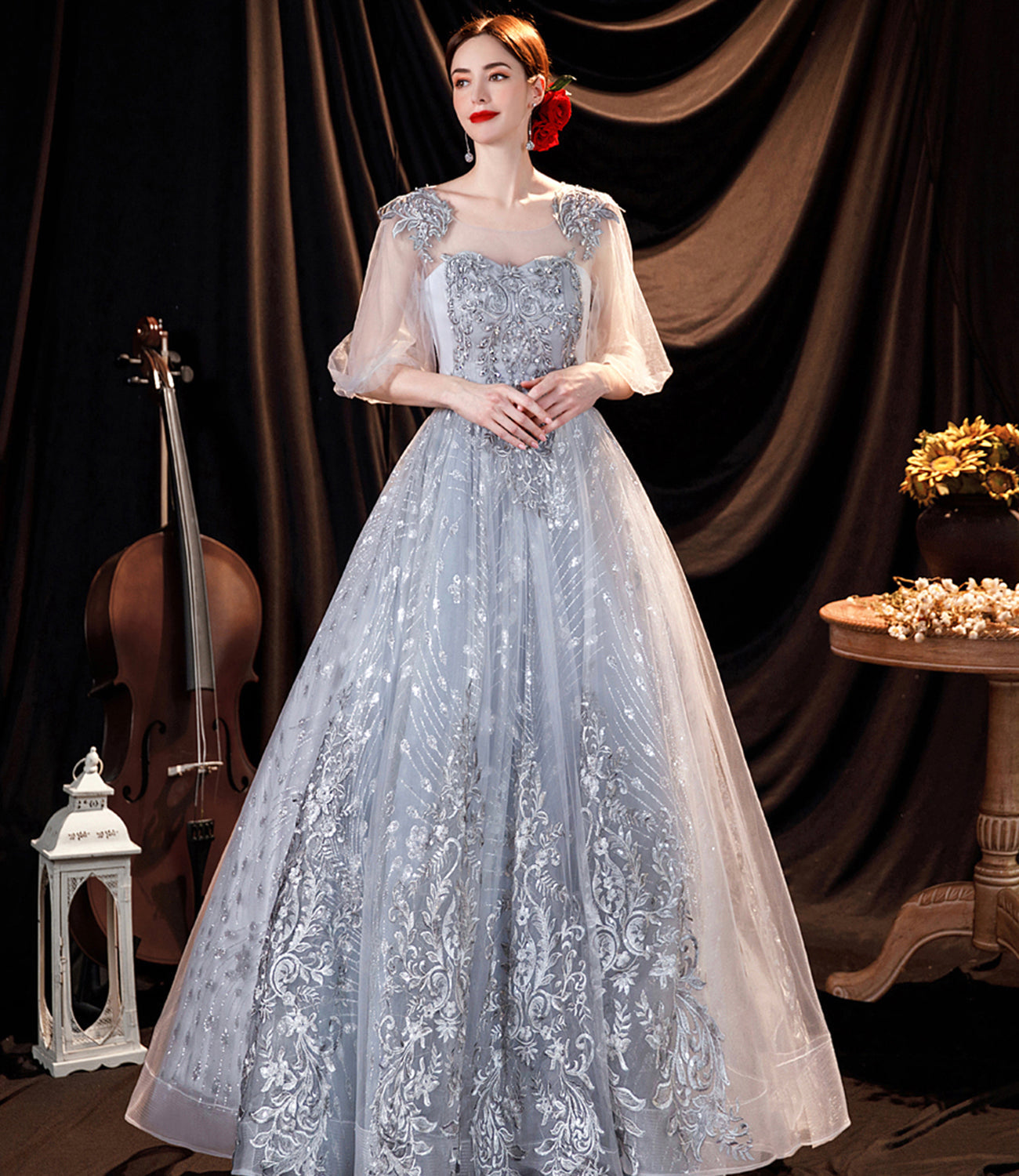 Gray tulle lace long prom dress A line evening gown  10508