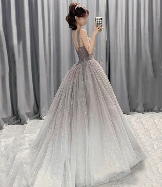 Gray tulle sequins long prom dress A line evening gown  10564