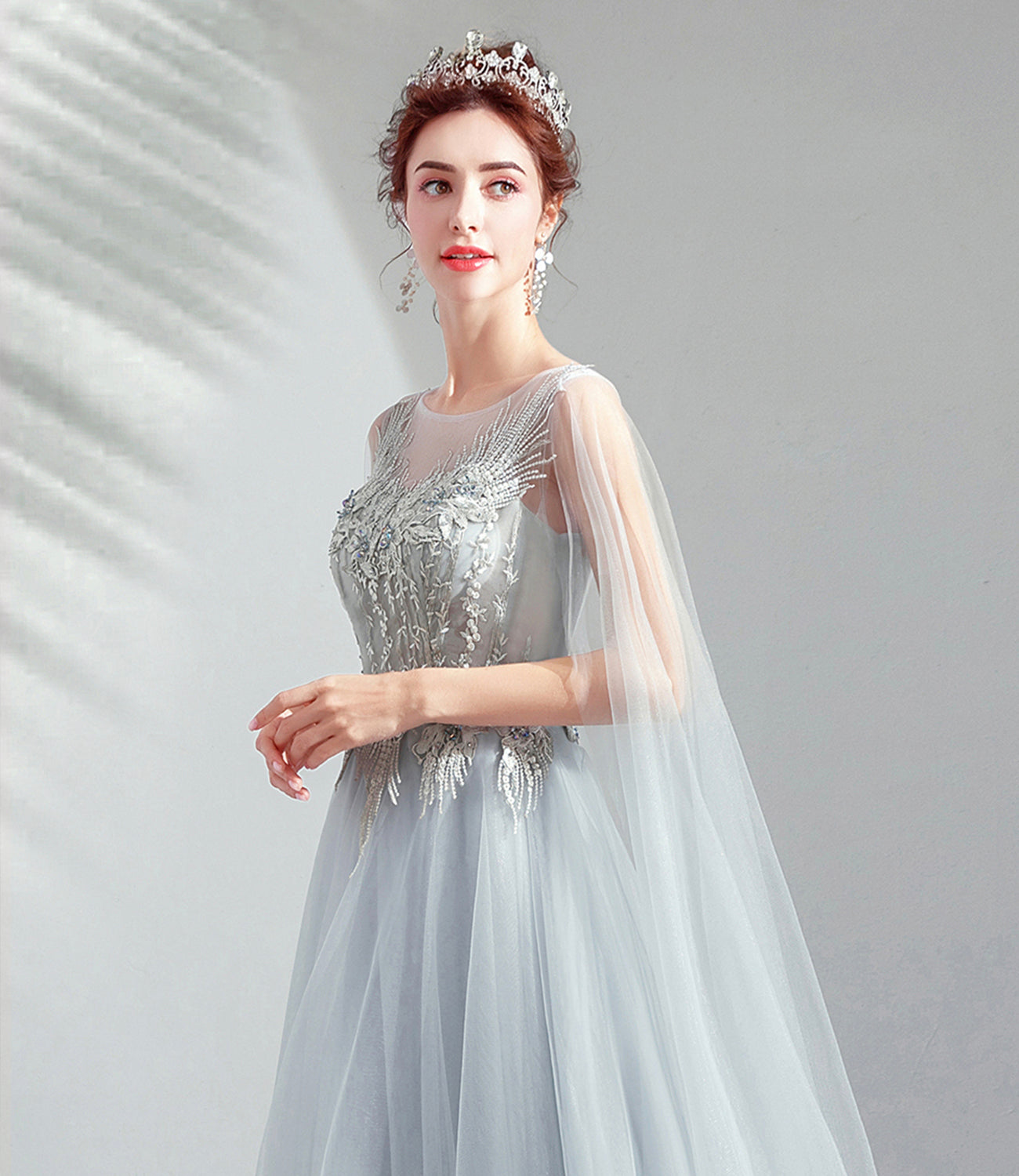 Gray tulle lace long prom dress A line evening dress  10509