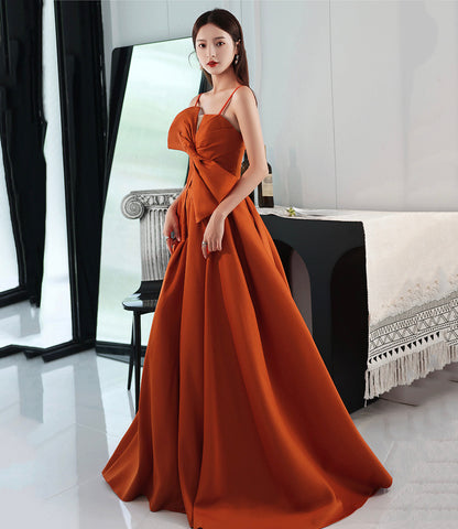 Orange satin long prom dress with bow A line formal dress  10568