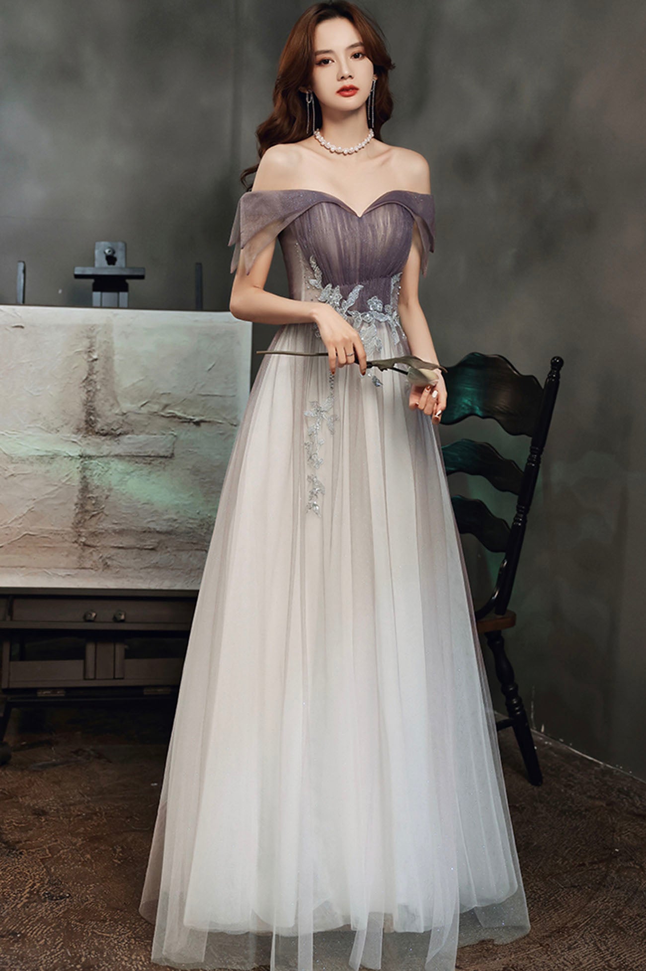 Purple tulle sequins long prom dress A line evening dress  10644