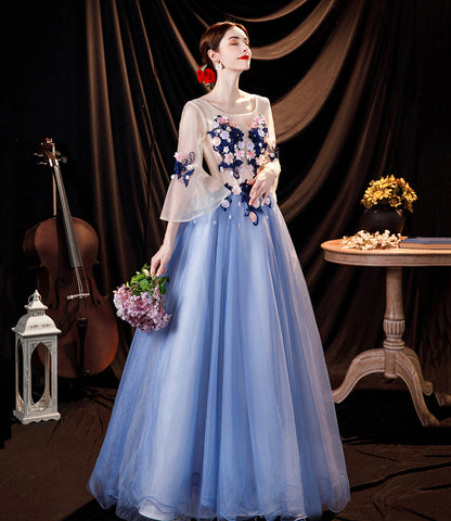 Blue tulle applique long prom dress blue evening dress  10534