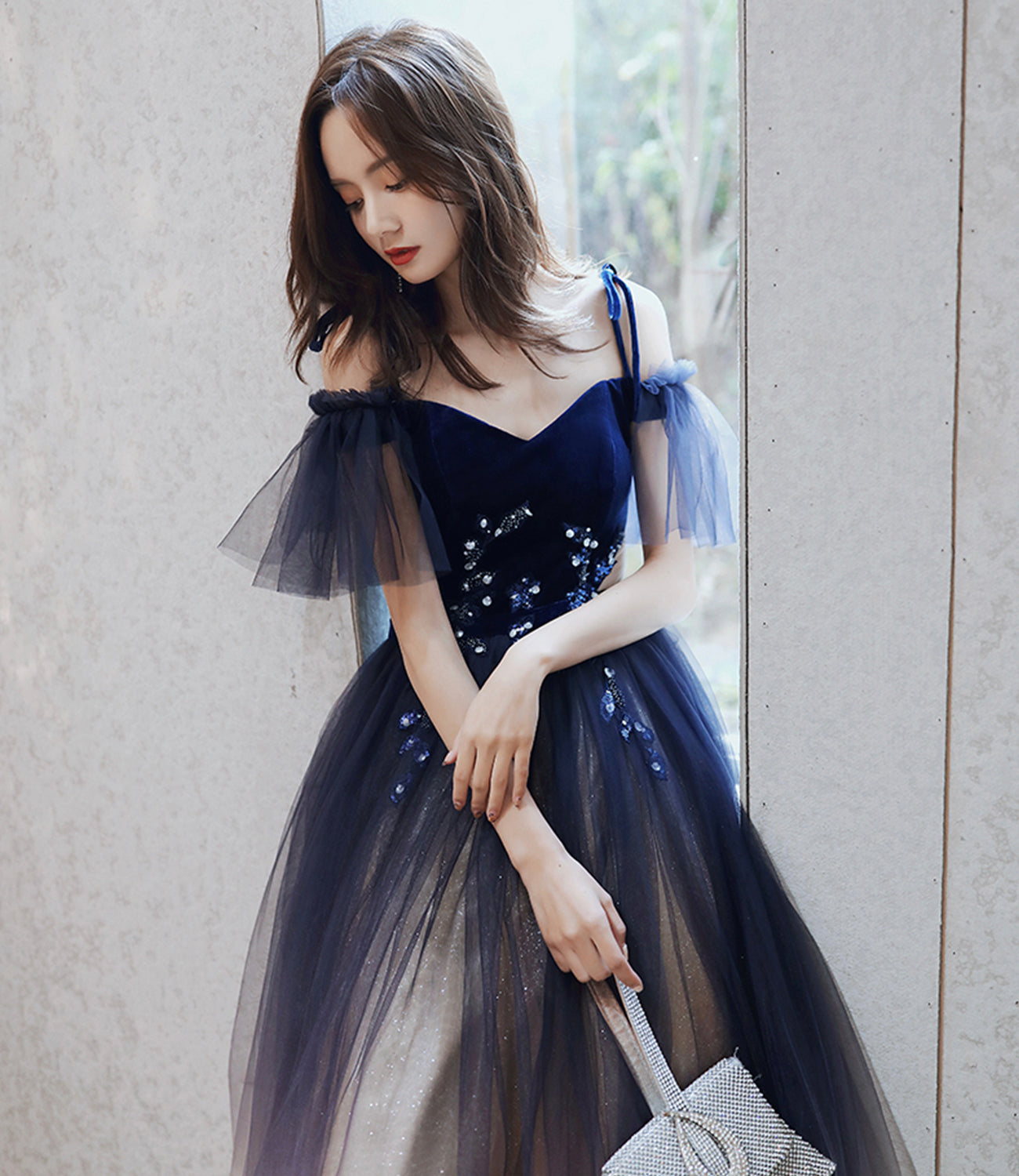 Blue velvet tulle long prom dress A line evening dress  10365