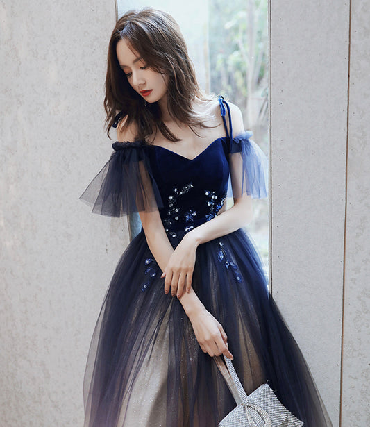 Blue velvet tulle long prom dress A line evening dress  10365