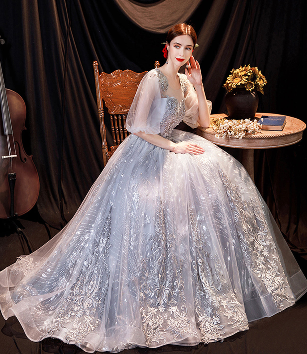 Gray tulle lace long prom dress A line evening gown  10508