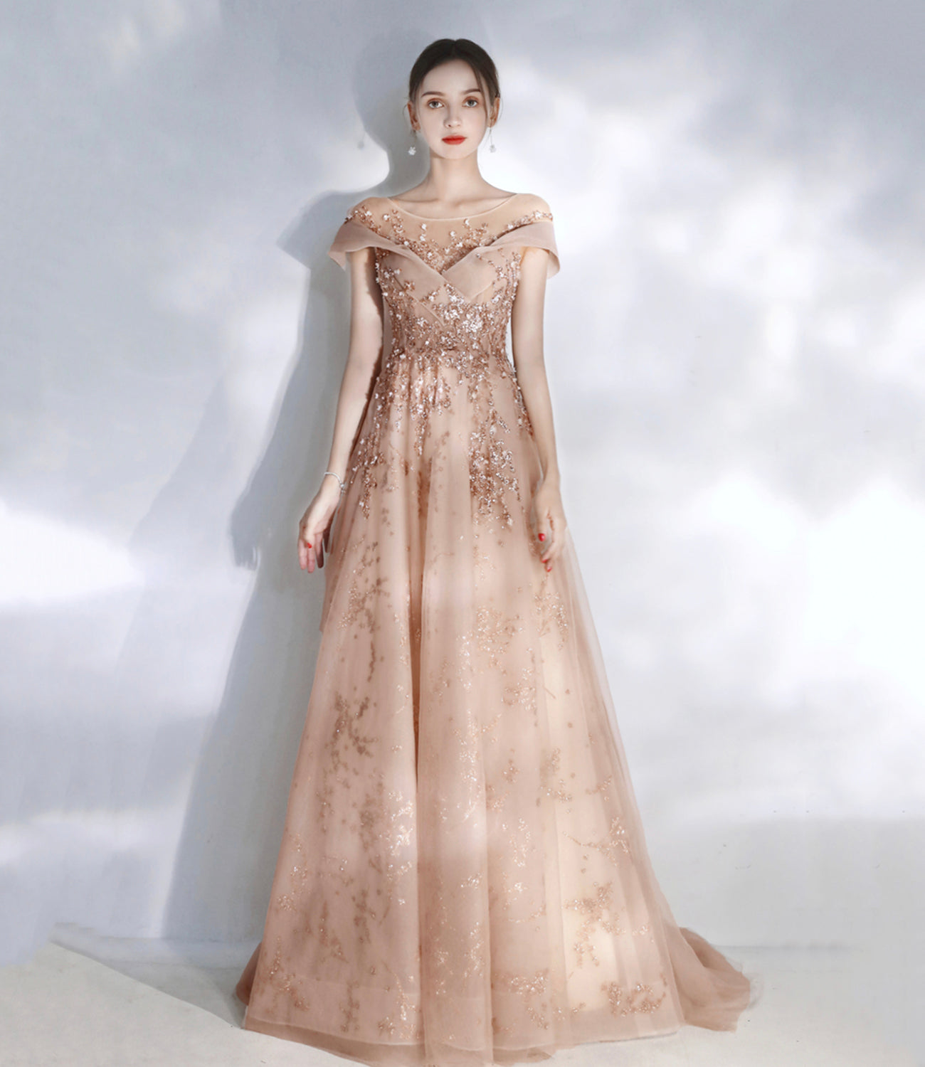 Stylish tulle sequins long prom dress evening dresses  10469