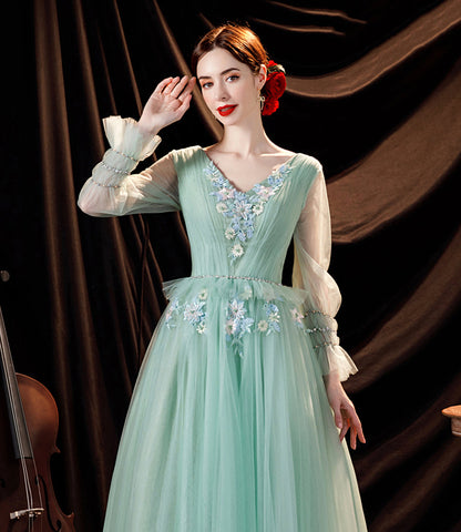 Green tulle lace long prom dress green evening dress  10535