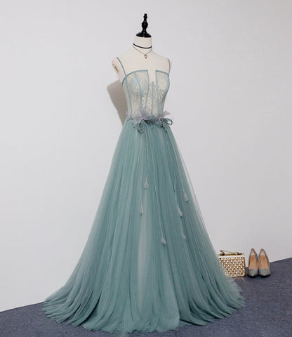 Green tulle lace long prom dress A line evening dress  10557