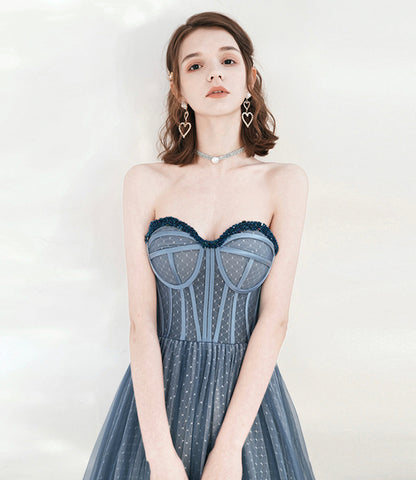 Blue tulle beads long prom dress A line evening dress  10549