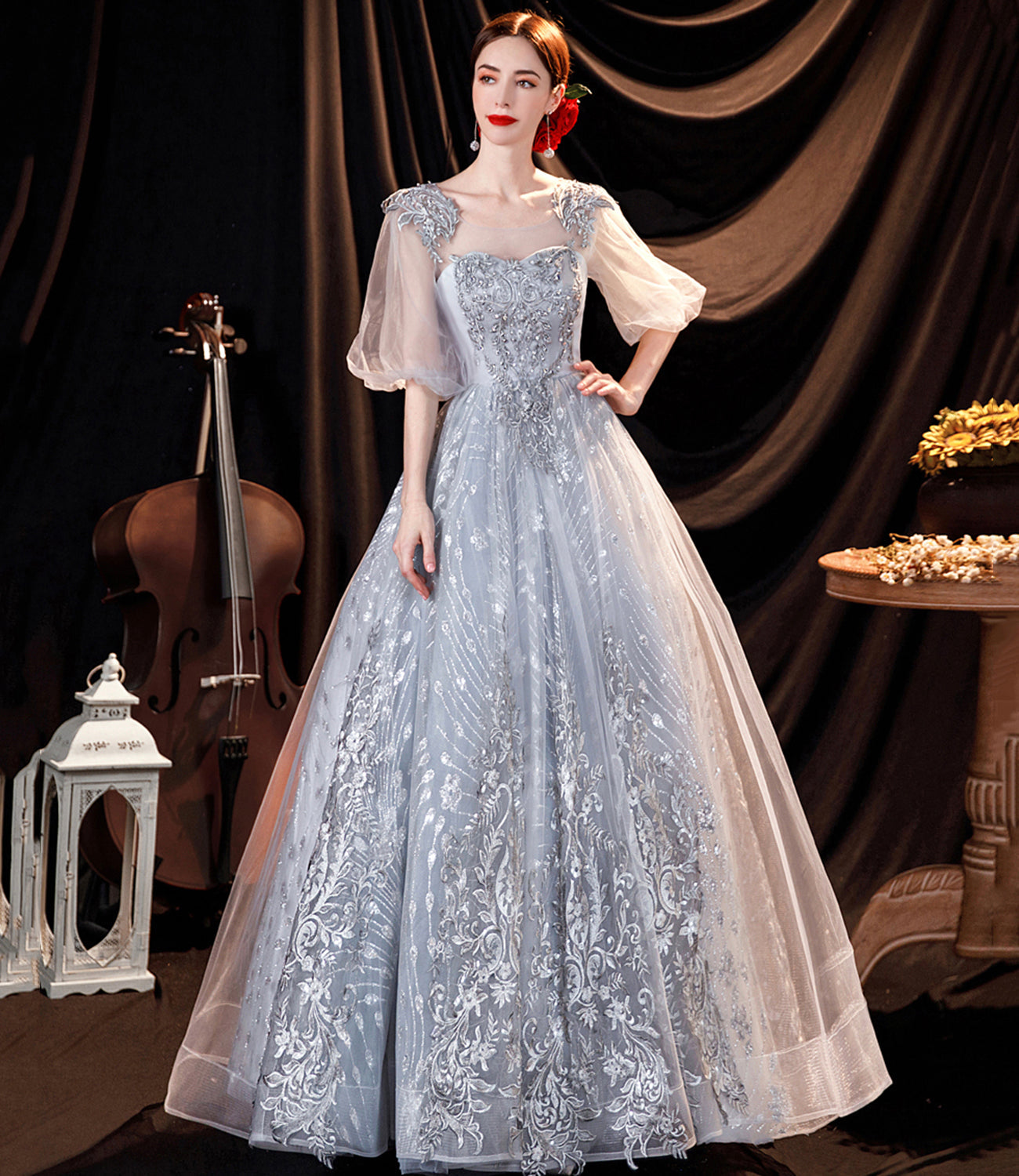 Gray tulle lace long prom dress A line evening gown  10508