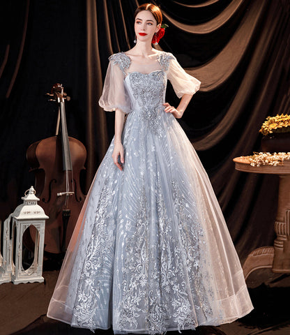 Gray tulle lace long prom dress A line evening gown  10508