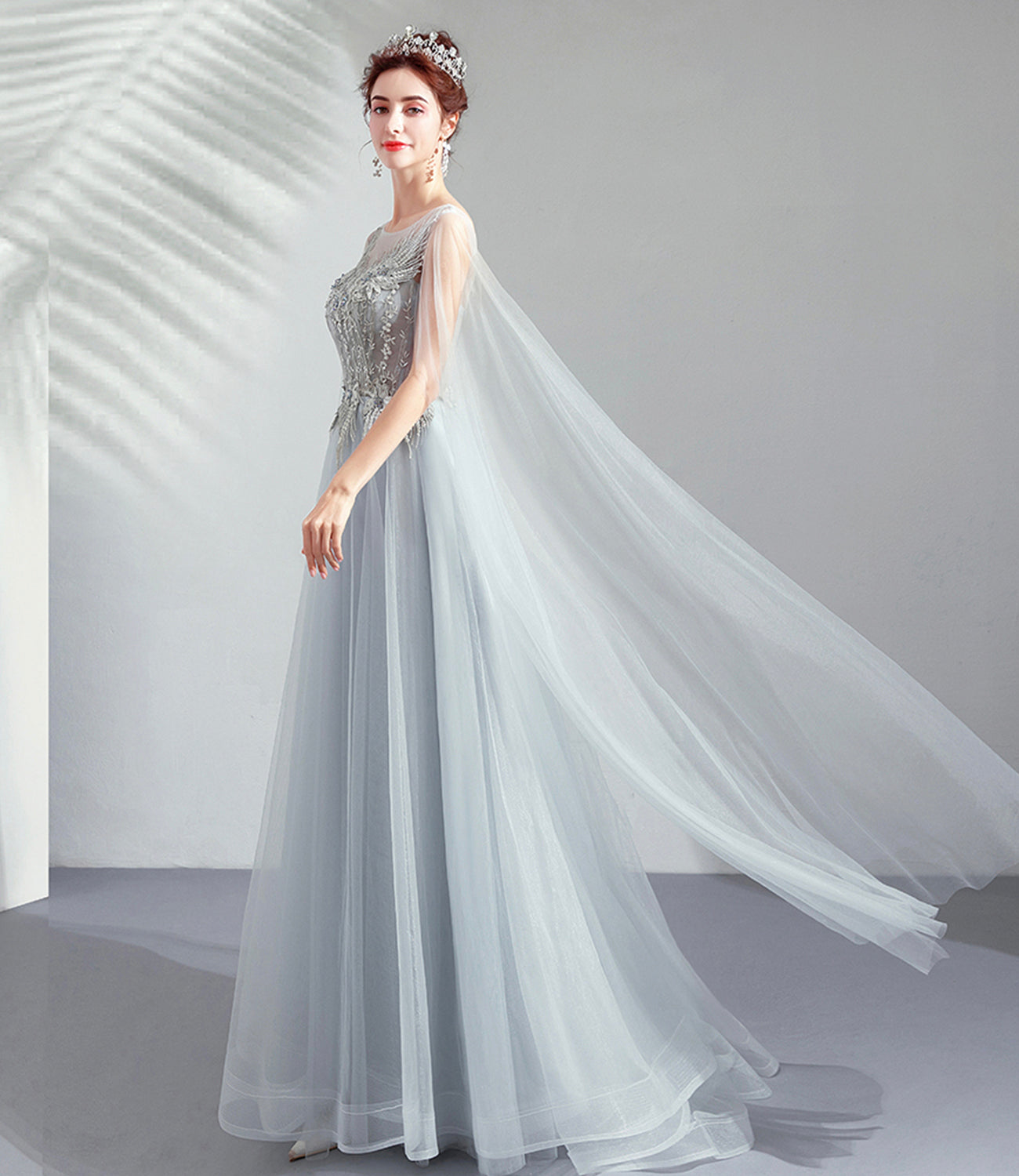 Gray tulle lace long prom dress A line evening dress  10509