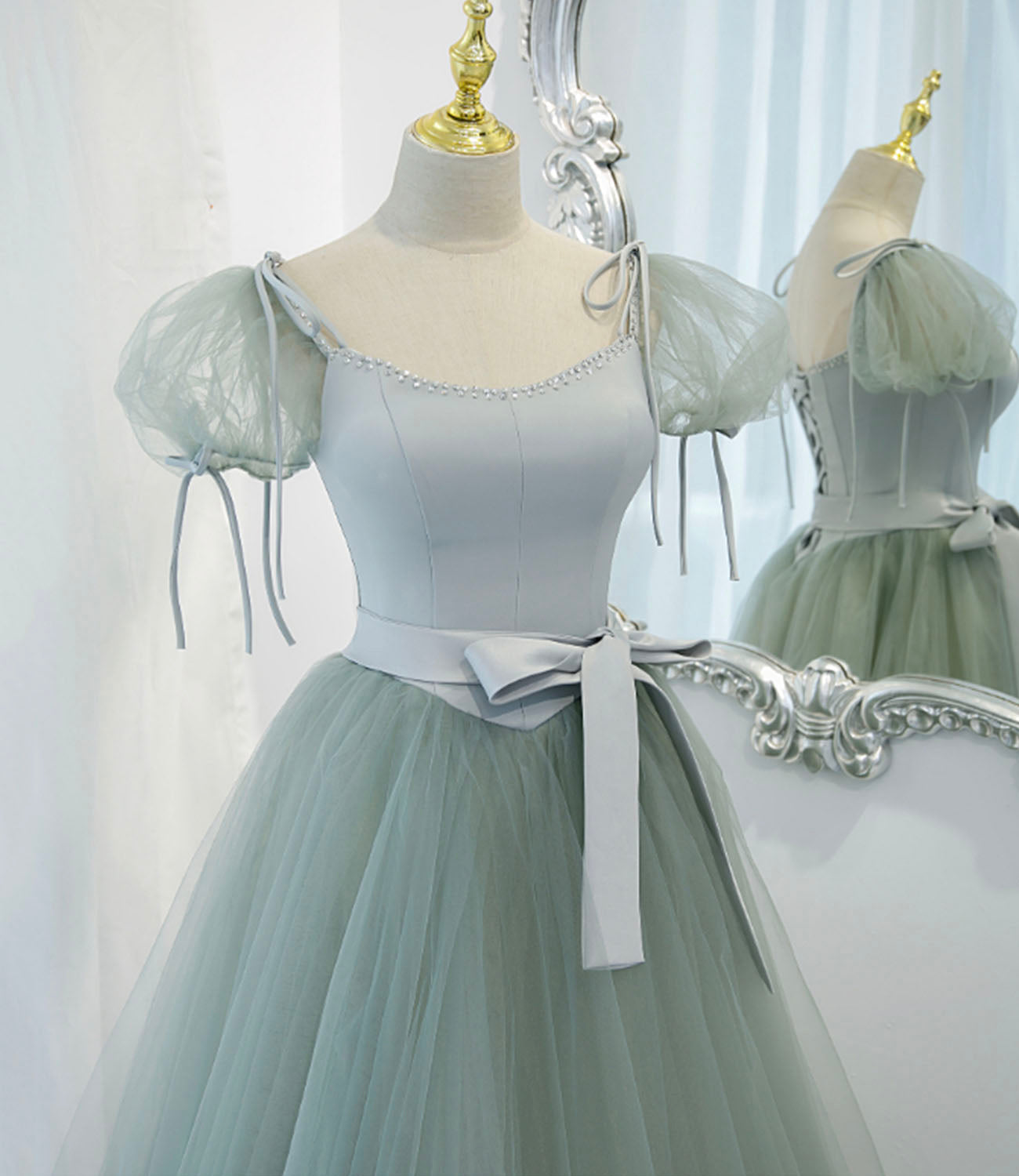 Green satin tulle long prom dress A line evening dress  10445