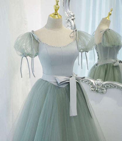 Green satin tulle long prom dress A line evening dress  10445