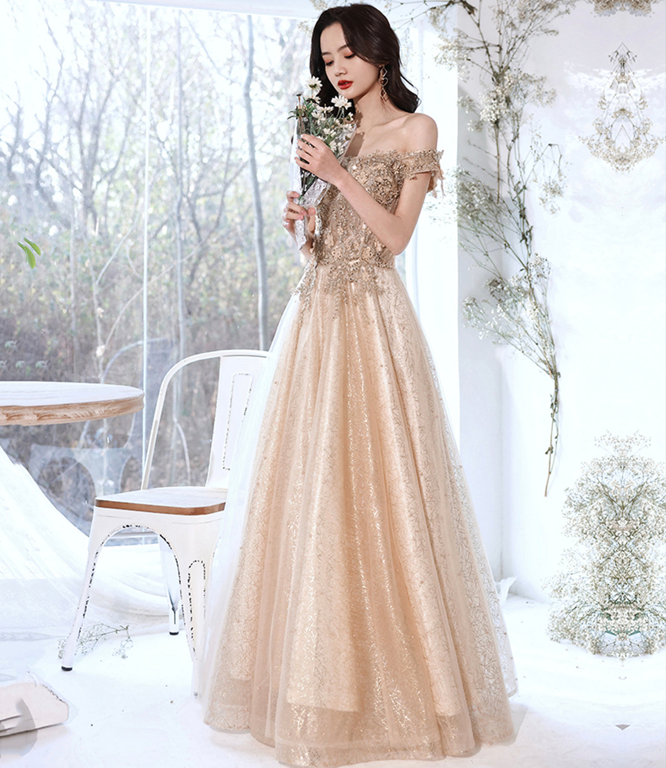 Champagne tulle lace long prom dress A line evening gown  10381