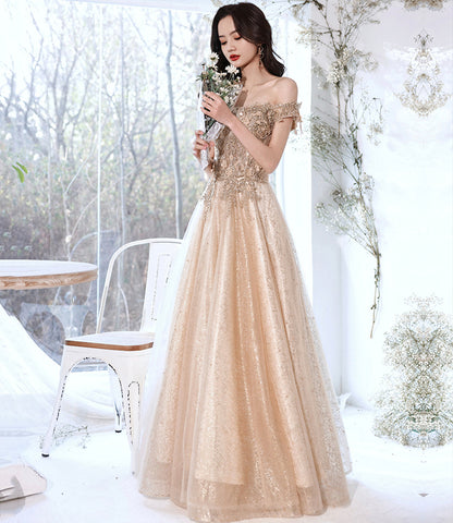 Champagne tulle lace long prom dress A line evening gown  10381