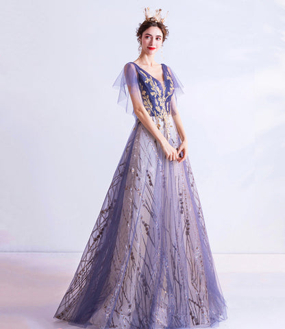 Purple tulle sequins long prom dress A line evening dress  10510