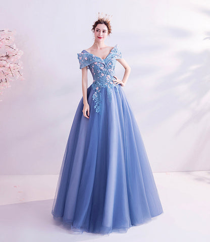 Blue tulle lace long prom dress A line formal dresses  10455