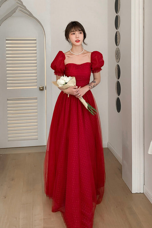Red tulle long prom dress A line evening dress  10602