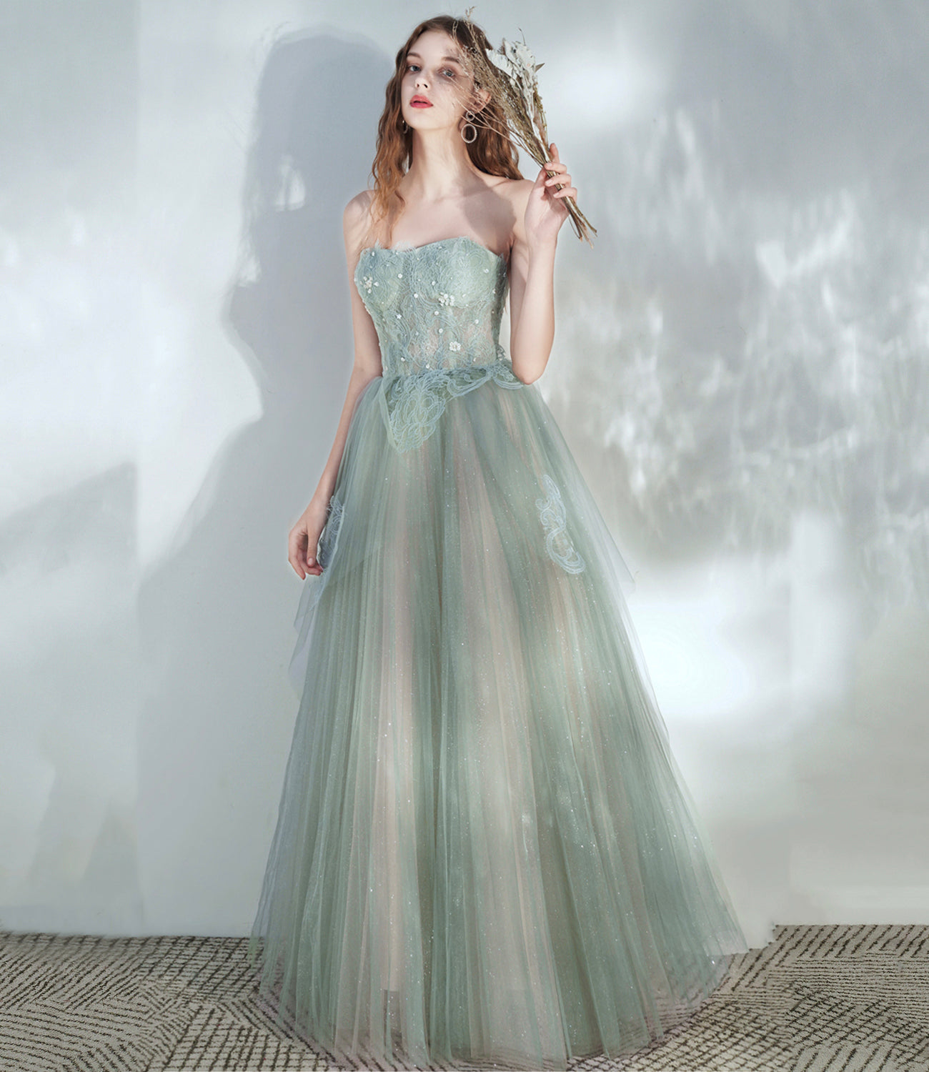 Green tulle lace long prom dress A line evening dress  10379