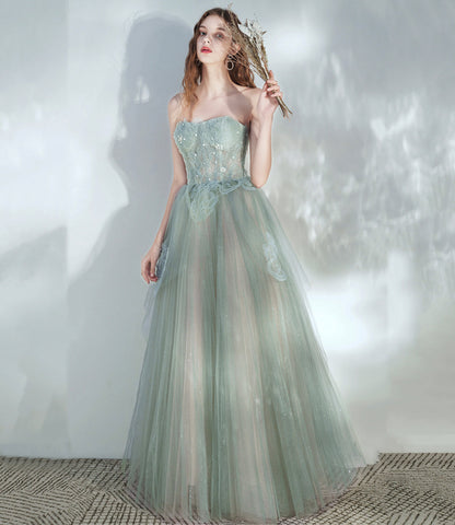 Green tulle lace long prom dress A line evening dress  10379