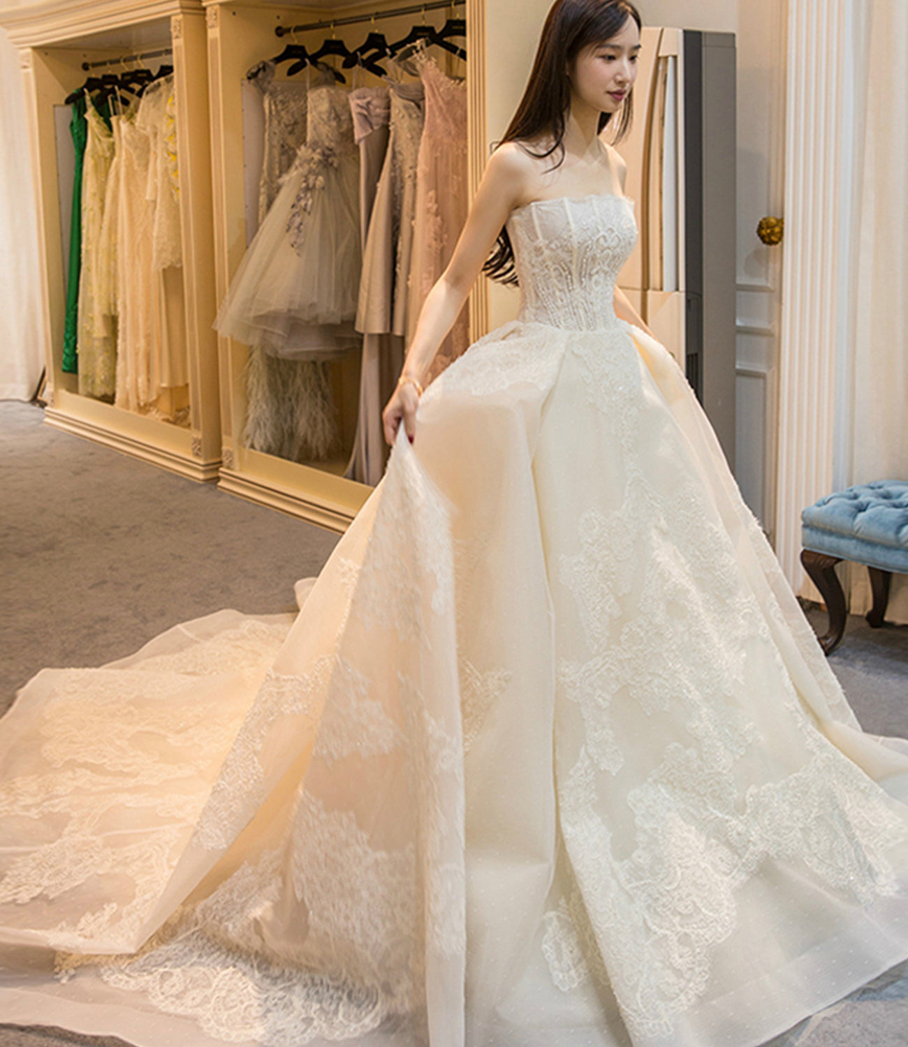 Champagne tulle lace long ball gown dress formal gown  10367