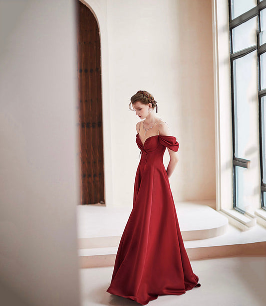 Burgundy satin long prom dress A line evening dress  10578