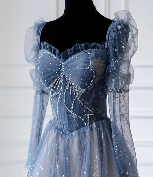 Blue tulle beads long prom dress A line evening dress  10402