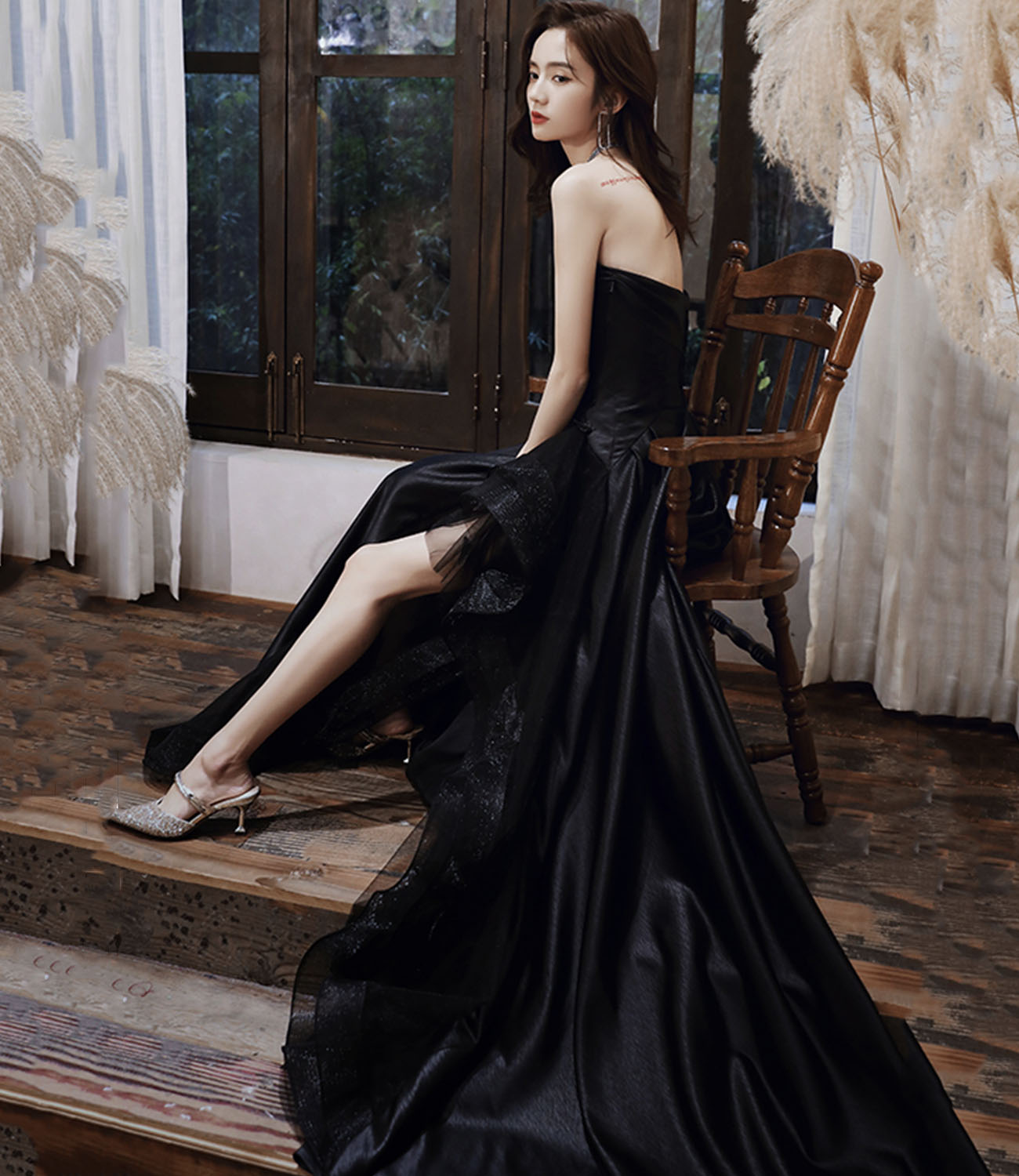 Black satin tulle high low prom dress evening dress  10443