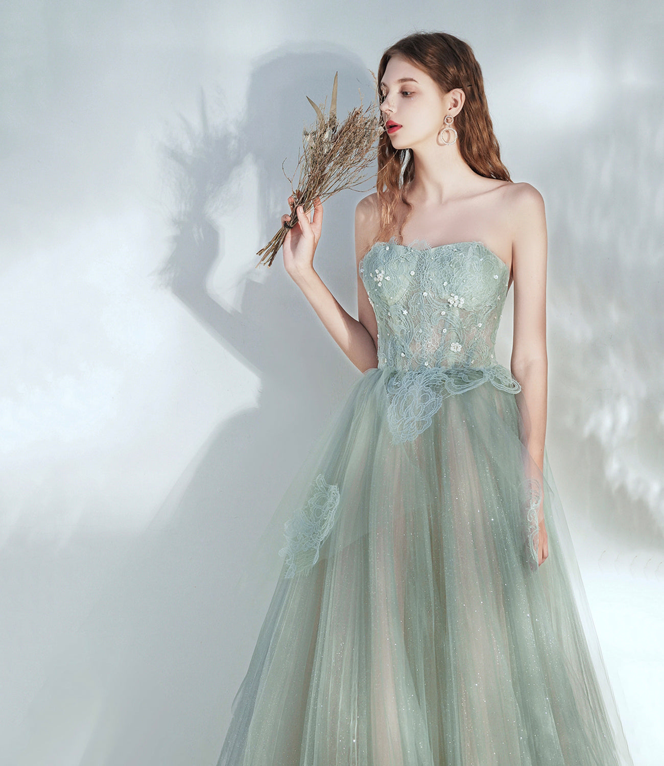 Green tulle lace long prom dress A line evening dress  10379