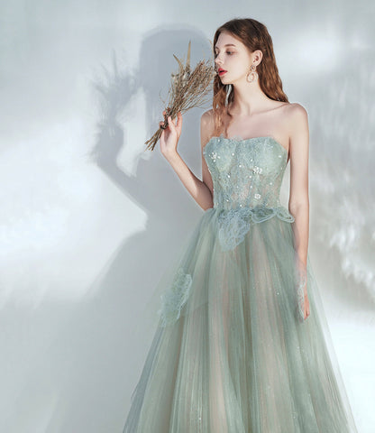 Green tulle lace long prom dress A line evening dress  10379