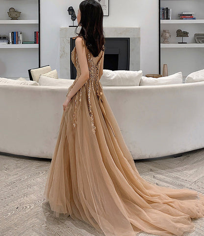 Cute A line v neck lace long prom dress evening dress  10364